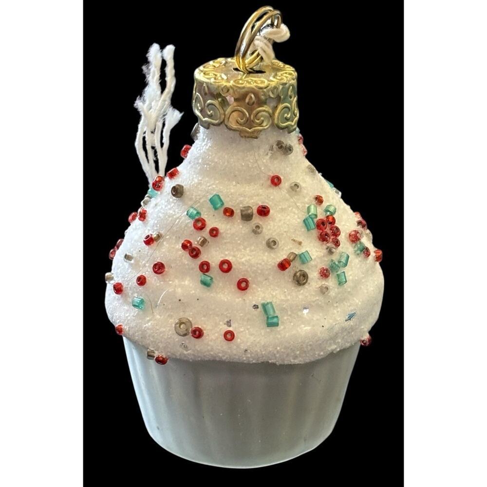Cupcake Blown Glass Christmas Ornament 2.5" Frosted Glitter Sprinkles Brand New